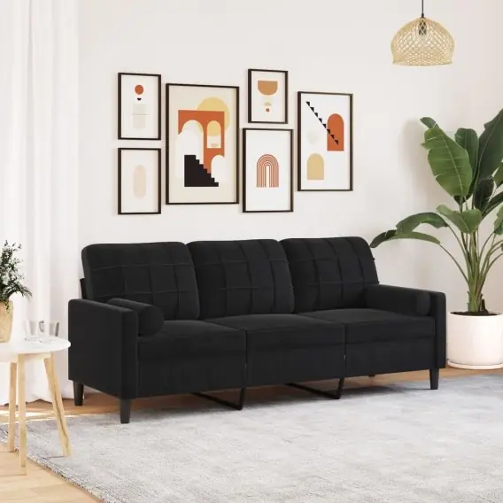 Szybka wysyłka 3-osobowa sofa z poduszkami, czarna, 180 cm, aksamit Lumarko! - Hurtownia wielobranżowa Lumarko